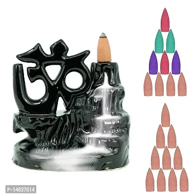 Om Style Black Colour  Back-flow Smoke Incense holder\Burner with 20 Incense cones Free For home decorative Showpiece-thumb0