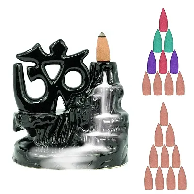 Om Style Black Colour  Back-flow Smoke Incense holder\Burner with 20 Incense cones Free For home decorative Showpiece