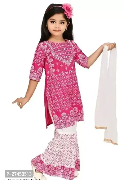 Alluring Pink Rayon Embroidered Kurti And Palazzo With Dupatta Set For Girls