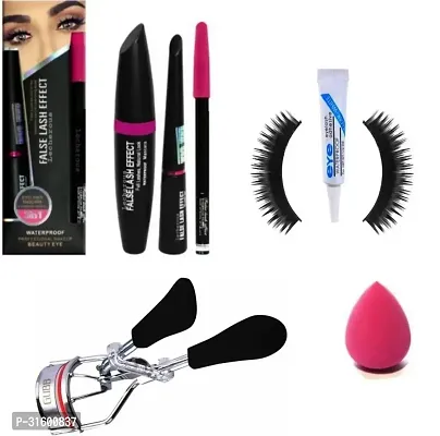 Klaty eye makeup combo of Mascara, eyeliner, eyebrow pencil, eyelash with glue, curler and single puff