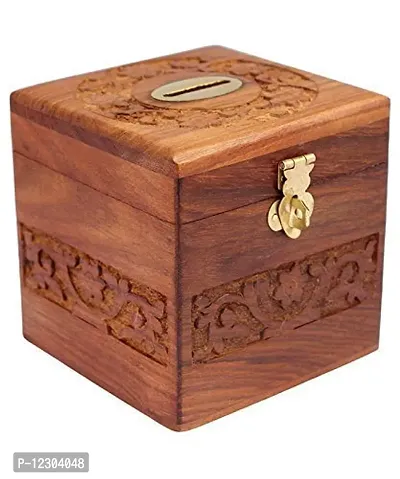 VDIX Handmade Wooden Money Box with Lock | Wooden Coin Box | Wooden Money Bank Coin Storage Bank (Brown) (Square 4 4)-thumb0