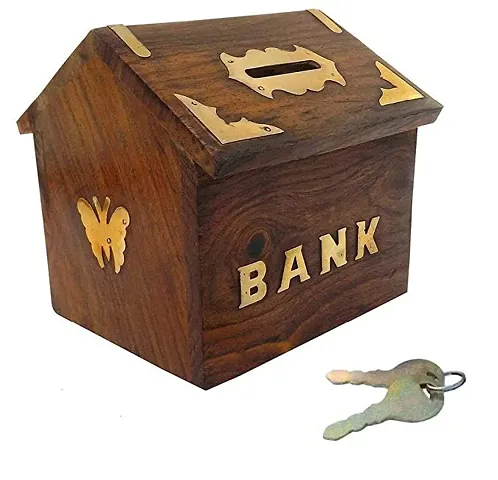 Wooden Handicrafts Wood Handicrafts Hut Shape Wooden Money Box with Lock Piggy Bank Coin Box Children Gifts  Brown