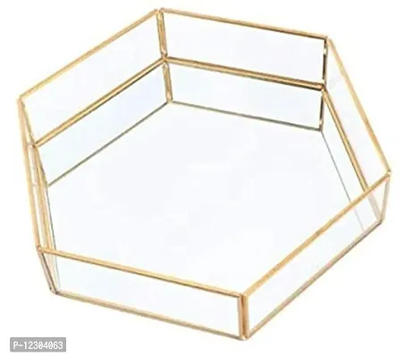 VDIX Glass Tray  with Mirror Base Glass Jewelry Tray  Mirror Base Vanity Tray  Home Table Decoration  Makeup Organizer  Vanity Tray (Glass  Hexa   8 x 9)  Hexagonal  Gold-thumb0