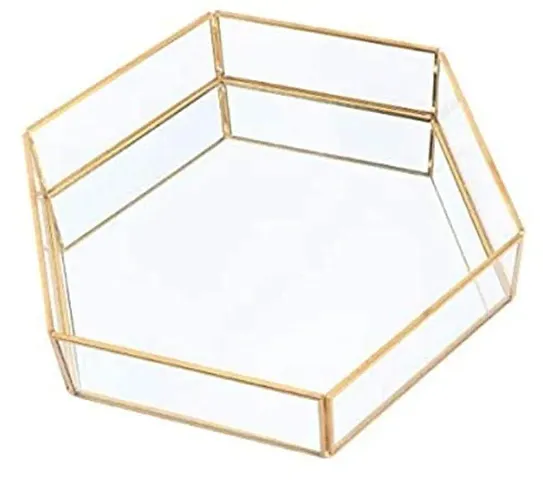 VDIX Glass Tray  with Mirror Base Glass Jewelry Tray  Mirror Base Vanity Tray  Home Table Decoration  Makeup Organizer  Vanity Tray (Glass  Hexa   8 x 9)  Hexagonal  Gold