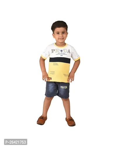 Trendy Yellow Cotton Blend Printed Tops with Shorts For Boys