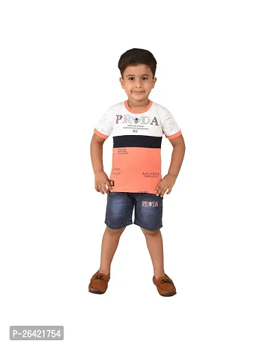 Trendy Pink Cotton Blend Printed Tops with Shorts For Boys