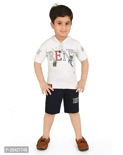 Trendy White Cotton Blend Printed Tops with Shorts For Boys-thumb0