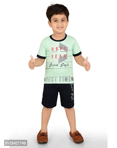 Trendy Green Cotton Blend Printed Tops with Shorts For Boys