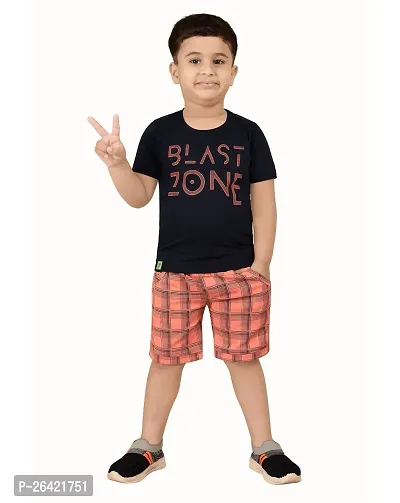 Trendy Peach Cotton Blend Printed Tops with Shorts For Boys