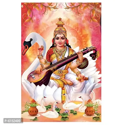 Saraswati Mata with Sitar and hans Peacock with Laminated Poster for puja Room Living Room Home Deacute;cor Wall Sticker