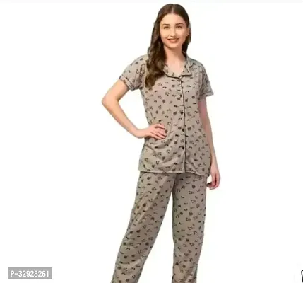 Elegant Brown Cotton Printed Night Suits For Women