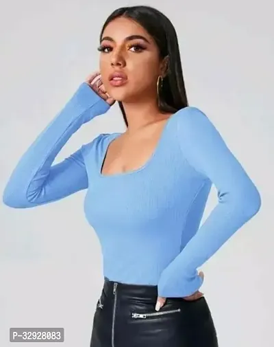 Elegant Blue Cotton Blend Solid Top For Women-thumb0