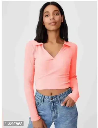 Elegant Pink Cotton Blend Solid Crop Length Top For Women-thumb0