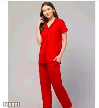 Elegant Red Cotton Solid Night Suits For Women-thumb0