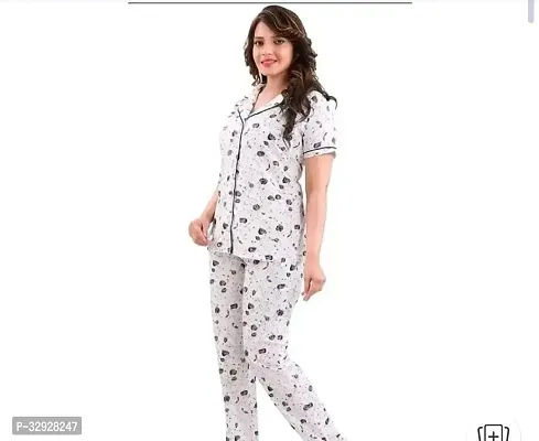 Elegant White Cotton Printed Night Suits For Women-thumb0