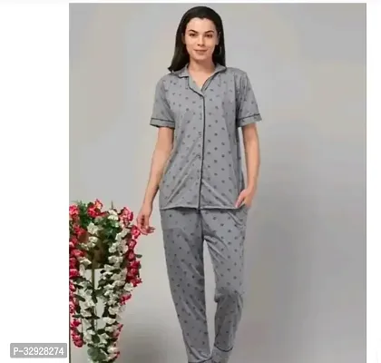 Elegant Grey Cotton Printed Night Suits For Women-thumb0