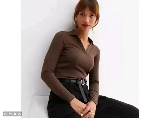 Elegant Brown Cotton Blend Solid Top For Women-thumb0