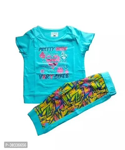 Stylish Blue Cotton Top With Bottom Set For Girls-thumb0