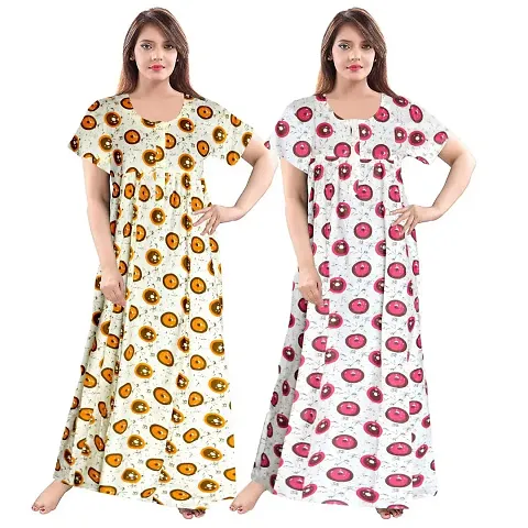 KHUSHI PRINT Women's Pure Cotton Printed Full Length Front Zipper Comfortable Maxi Nightdresses ( Pack of 2 PCs.)