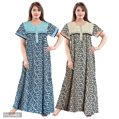 KHUSHI PRINT Women's Pure Cotton Gujri Printed Full Length Front Zipper Attractive Maxi Nightdresses ( Combo Pack of 2 PCs.)