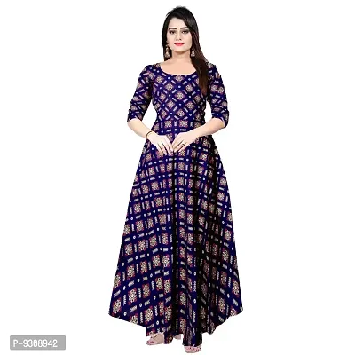 Khushi Print 100% Rayon Block Print Maxi Dress for Women Blue