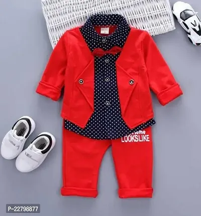 Fabulous Red Cotton Solid Shirt Jacket with Trousers For Boys-thumb0