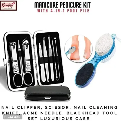Beautify Look Manicure Pedicure Kit with 4-in-1 Foot File Nail Clipper, Scissor, Nail Cleaning Knife, Acne needle, Blackhead Tool Set Luxurious Case
