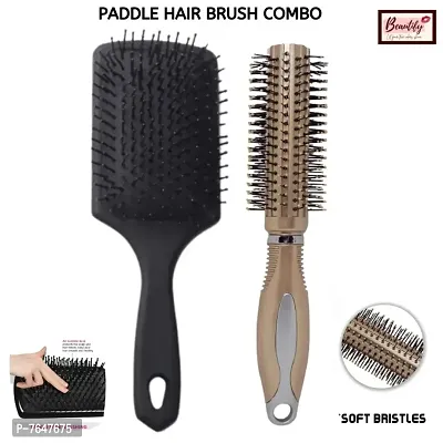 Beautify Look Paddle Flat Hair Brush with Curling Roller Hair Brush Combo for Men  Women (Metallic Golden)* as per stock Available