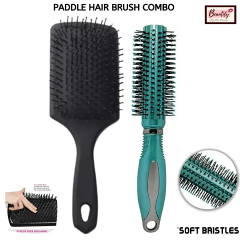 Beautify Look Paddle Flat Hair Brush With Curling Roller Hair Brush Combo