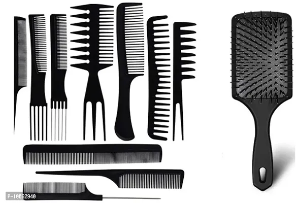10 Pieces Professional Hair Comb Set Plastic Hair Styling Comb Kit Rat Tail Comb, Wide Tooth Comb, Detangling Comb, Unisex Barber Combs for All Hair Types with 1 Hair Paddle Brush