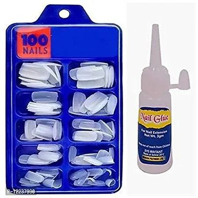 Artificial Nails Set With Glue Acrylic fake / False Nails Set Of 100 Pcs and Artificial Nail Glue 3gm, Reusable-thumb0