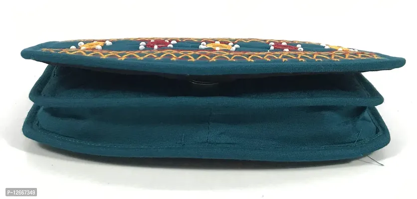 srishopify handicrafts Small Pocket Purse for Women Stylish Trendy Pouch Banjara Original Mirror Work Money Purse for Girls (6.5 inch Mini Pouch Rama Green Two Fold Handmade Thread Work)-thumb3