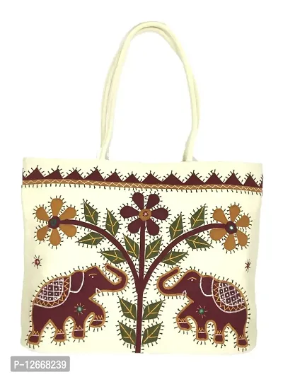 SriShopify Ethnic Banjara Handmade Cotton Tote bags with Zipper for Women Traditional Large White Handbags for Ladies (18 Inch Mirror Embroidered Applique Work)
