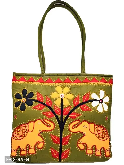 SriShopify Handcrafted Banjara embroidered handbags Aplic Mirror work| Medium Handbag for Women | Travel handcrafted Tote Bag | Zipper handbag ladies shoulder bags | mehandi green Handbag-thumb0