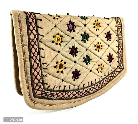 srishopify handicrafts Women?s Wallet Banjara Traditional Clutches with phone pocket, Cotton handmade stylish ladies purse (Medium 8.5 Inch, Cream, Mirror, Beads and Thread Work Handcraft)-thumb0