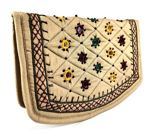 srishopify handicrafts Women?s Wallet Banjara Traditional Clutches with phone pocket, handmade stylish ladies purse (Medium 8.5 Inch, Cream, Mirror, Beads and Thread Work Handcraft)