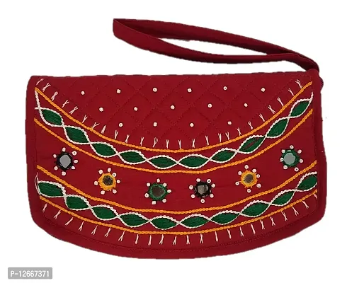 SriShopify Women?s Handpurses Banjara Traditional Clutch with Mobile Pouch Cotton handmade (Medium, Mirror, Beads and Thread Work Handcraft, Red)-thumb0