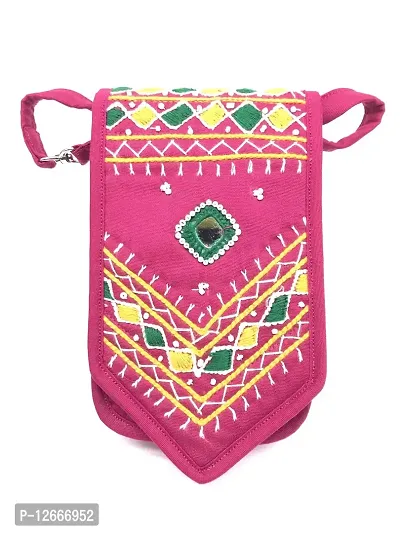 srishopify handicrafts Handcrafted Women's Eco Friendly Thread Work Mobile Pouch Sling Crossbody Purse (Pink , 7x4x1 Inch, Small )