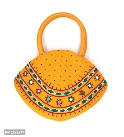srishopify handicrafts Women Handbag MINI Handle Bag Banjara Traditional Hand Purse Cotton handmade (Small 6.5x9.5 Inch original Mirrors Beads and Thread Work Handcraft Pouch hand held bag) (Yellow)