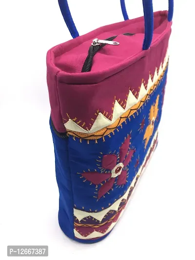 SriShopify Handicrafts Women's Handbag Tote Shoulder Bags | rakshabandhan gifts for sister |Cotton handmade bag with Zip feroza blue (30x40x10 cm original Mirror Work applique work Stylish)-thumb4