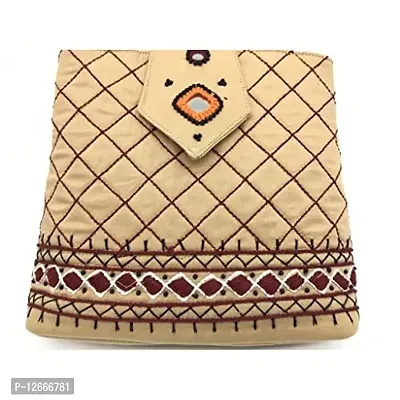 srishopify handicrafts MINI Hand Carry Bags for Women Stylish Banjara Handmade Rajasthani Traditional Small Handle Bag Purse 8.5x.7x2.5 Inch | Beads Thread Work Pouch Tan Beige-thumb5