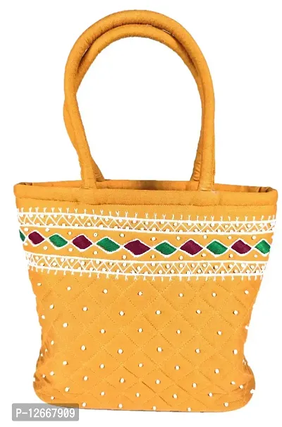SriShopify Handicrafts Top handle handbags for Women Banjara Traditional Mini Hand Bag Hand Purse Cotton handmade (7x9 inch Small handbag, original Mirror Beads and Thread Work Handcraft Pouch, Mustard Yellow)