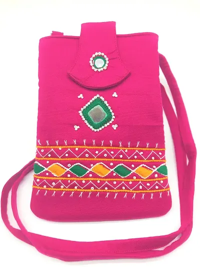 srishopify handicrafts Handmade Valentine Gift For Girlfriend Banjara Embroidered Sling Bag For Women Girls Mobile Crossbody Long Strap Purse Ladies Natural Style Hanging Purse (Multicolour)