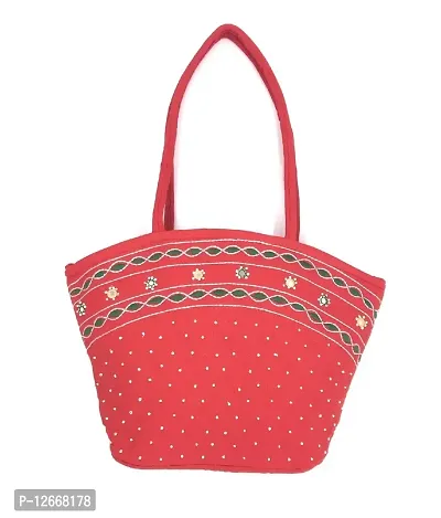 srishopify handicrafts Handicraft Cotton Fabric Handbags Hobo Bag for Women Office Bag Ladies Shoulder Top Handle Bag Marriage Gifts 9 Inch Red-thumb0