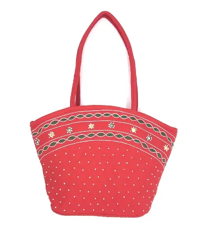 srishopify handicrafts Handicraft Cotton Fabric Handbags Hobo Bag for Women Office Bag Ladies Shoulder Top Handle Bag Marriage Gifts 9 Inch Red
