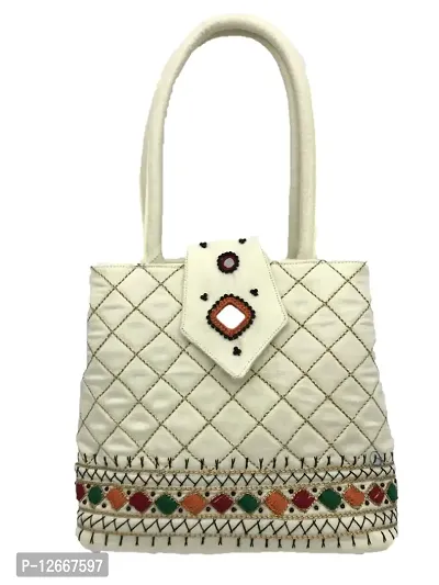 srishopify handicrafts Handheld MINI Hand Bag For Women Stylish Shopping Bag Handmade Cotton 7.5x.7x2.5 Inch White Colour (Needle Craft Original Beads Thread Work)