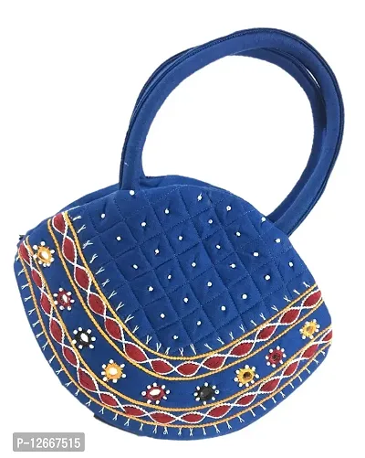 srishopify handicrafts Women Handbag Small Size Designer Handmade Mini Bucket Bags Purse Cotton Blue Ccolour Bag (9.5x6.5x3.5 Inch original Beads Thread Work Handcraft)-thumb0