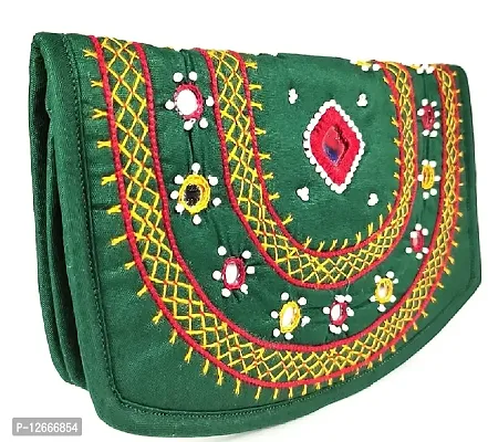 SriShopify Handicrafts Hand Clutches for Women Wallet for girl stylish Banjara Purse Cotton ladies Phone Purse Green (Medium Wallet 8.5 Inch Original Mirror Beads and Thread Work handmade)
