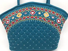 SriShopify Handcrafted Cotton Traditional Ethnic Rajasthani Jaipuri hand embroidery Handbag for Girls Women Medium size Tote 9x13x3 ich Rama green bag-thumb2
