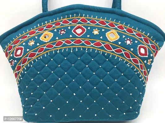 SriShopify Handcrafted Cotton Traditional Ethnic Rajasthani Jaipuri hand embroidery Handbag for Girls Women Medium size Tote 9x13x3 ich Rama green bag-thumb3